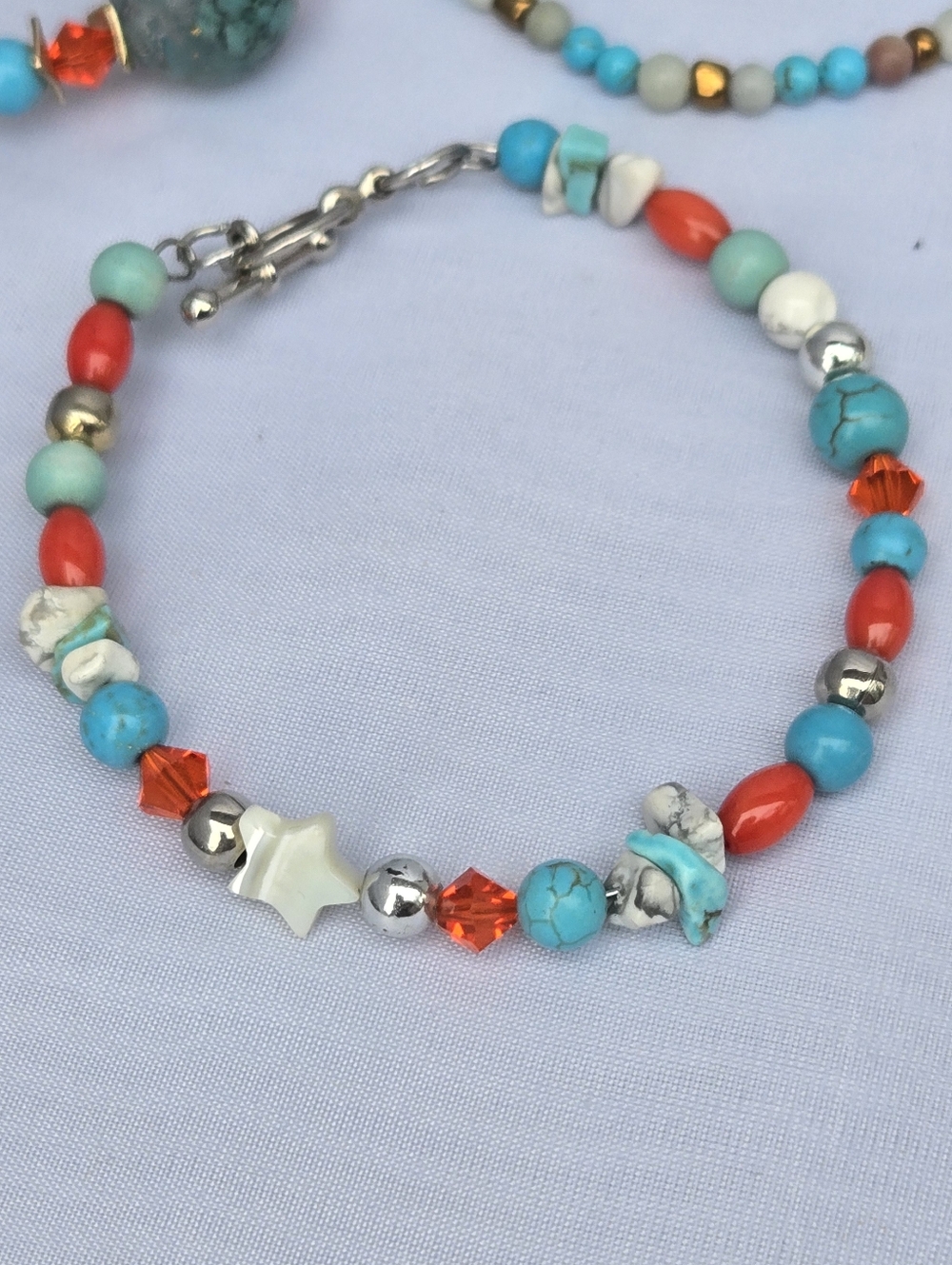 Red coral, white shell stars Turquoise natural stone Bracelet